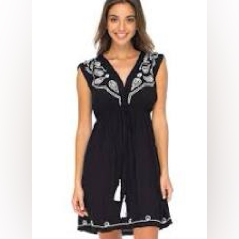 Back from Bali deep V-neck black cover-up beach dress-intricate white embroidery